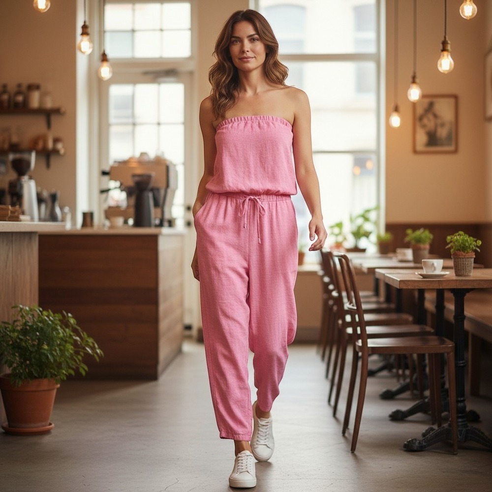 SOHO Street New York & Co Pink Linen Strapless Jumpsuit XL Drawstring Pockets